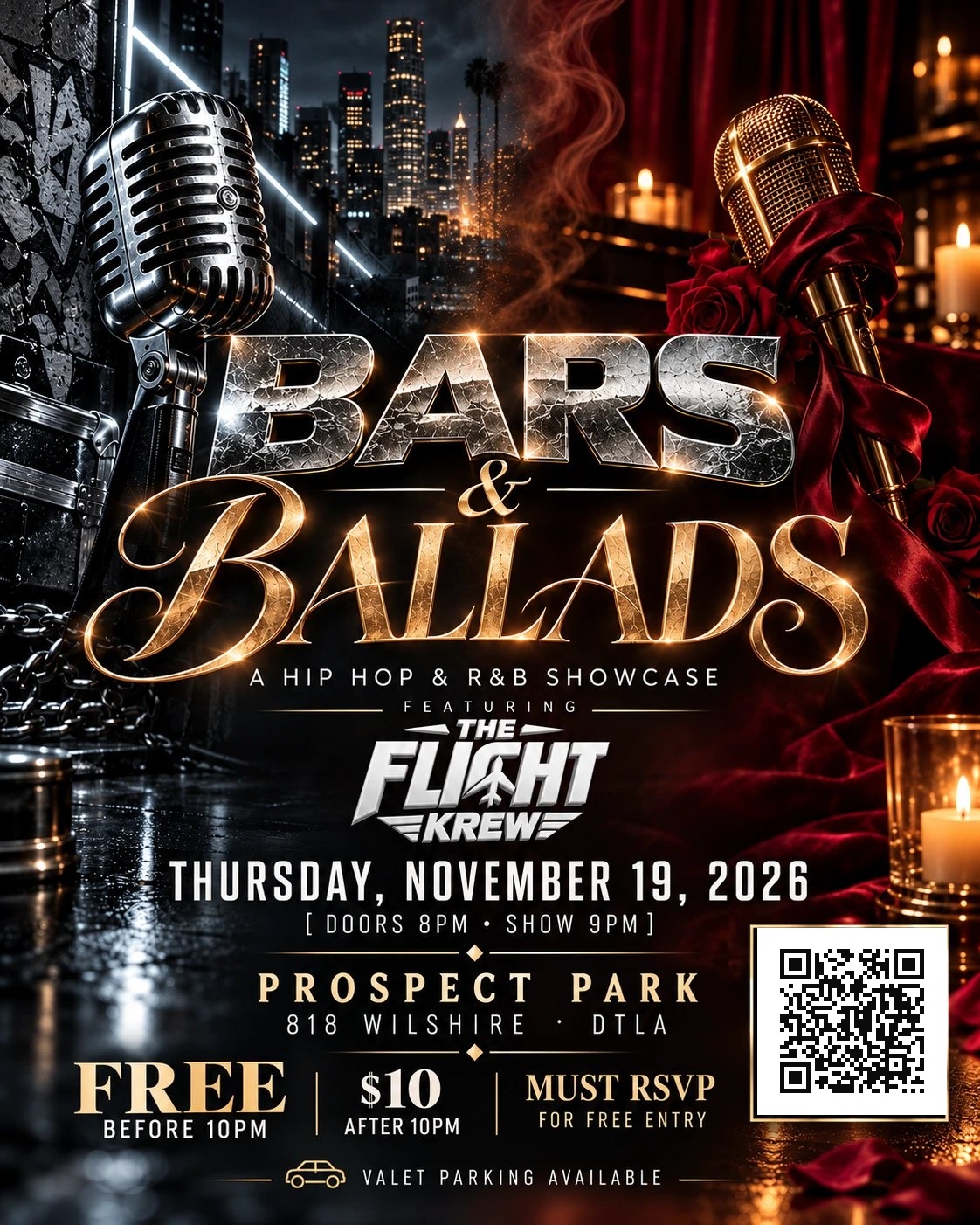 Bars and Ballads flyer: Thursday November 19, 2026, featuring The Flight Krew, Prospect Park DTLA, free before 10PM, $10 after, must RSVP for free entry, valet parking available
